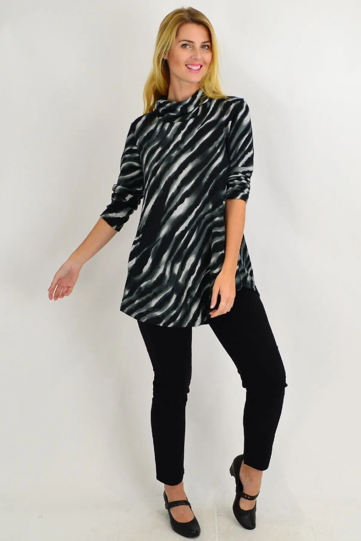 Charcoal Rolled Neck Zebra Tunic Top