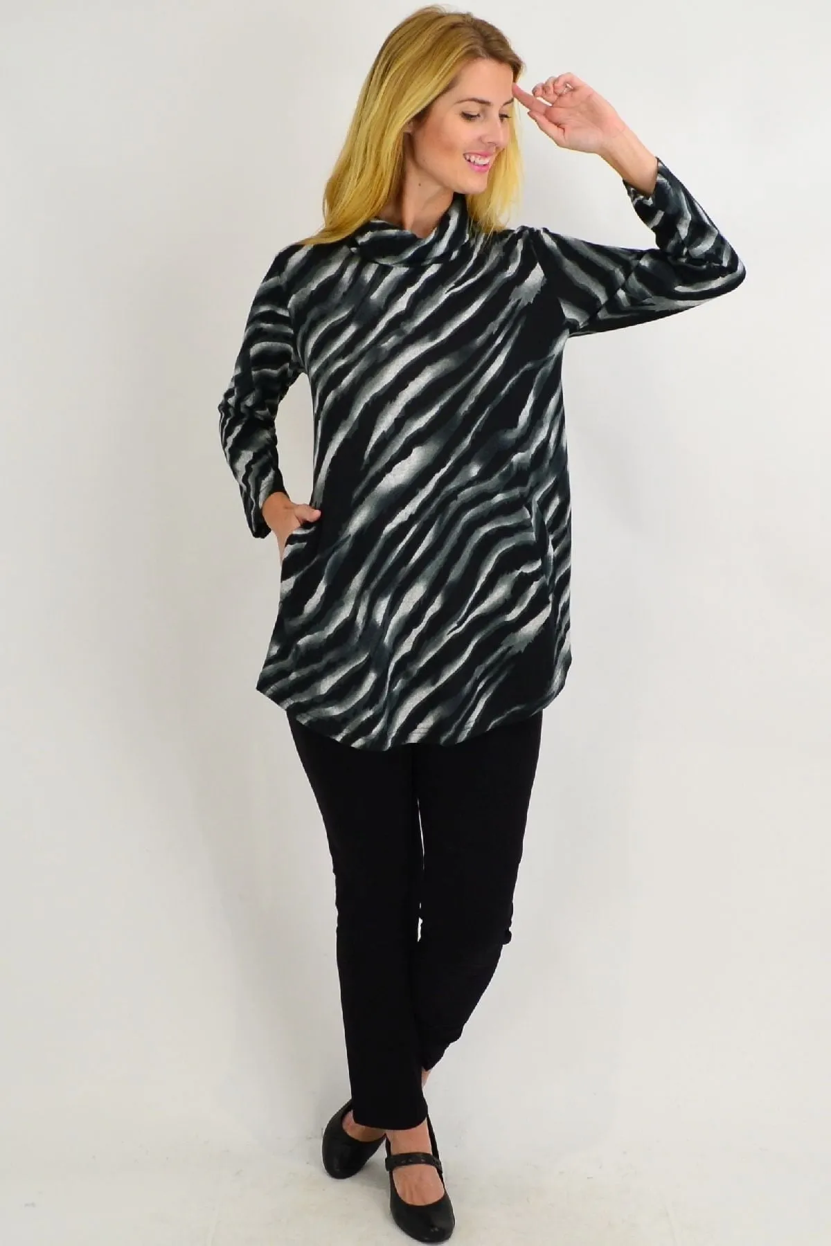 Charcoal Rolled Neck Zebra Tunic Top