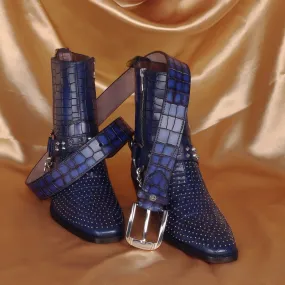 Combo of Blue Deep Cut Croco Textured Leather Studded Boot and Smokey Finish Belt