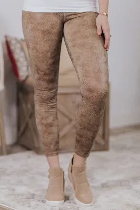 Crackle Effected Printed Leggings in Brown