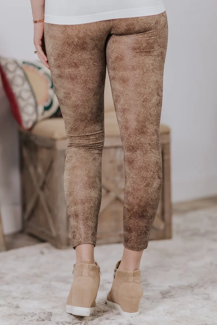 Crackle Effected Printed Leggings in Brown