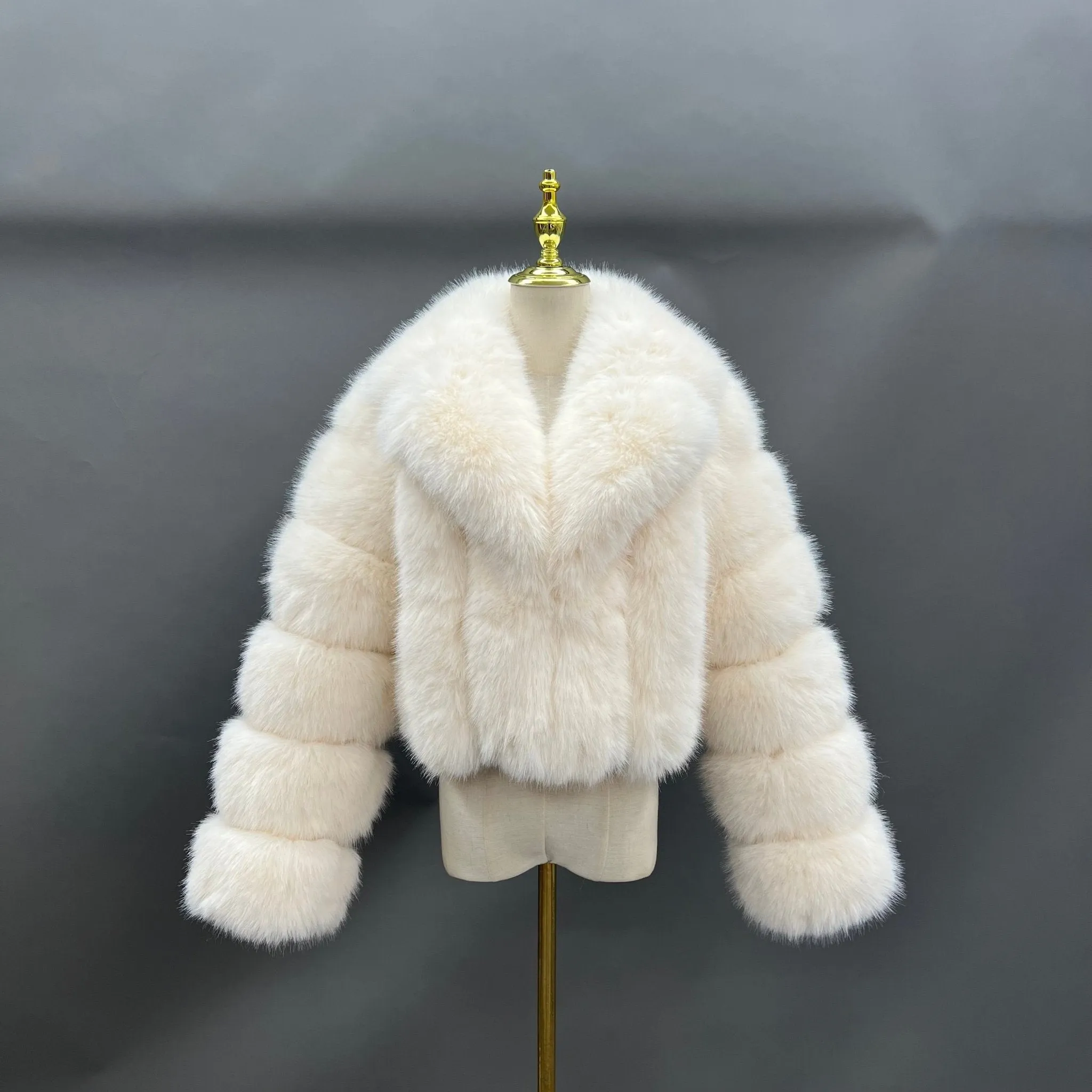 Cream Premium Faux Fur Collared Jacket