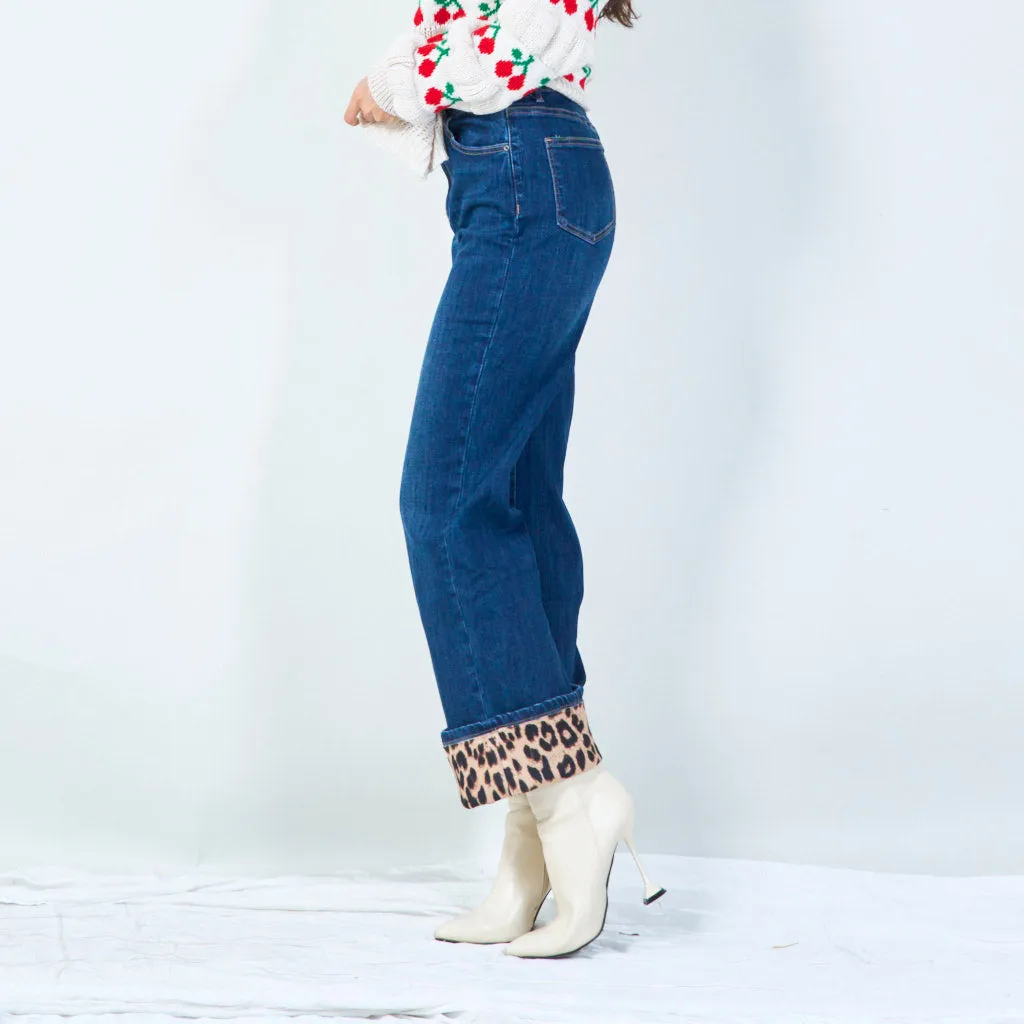 Cuffed leopard-trim denim jeans wholesale