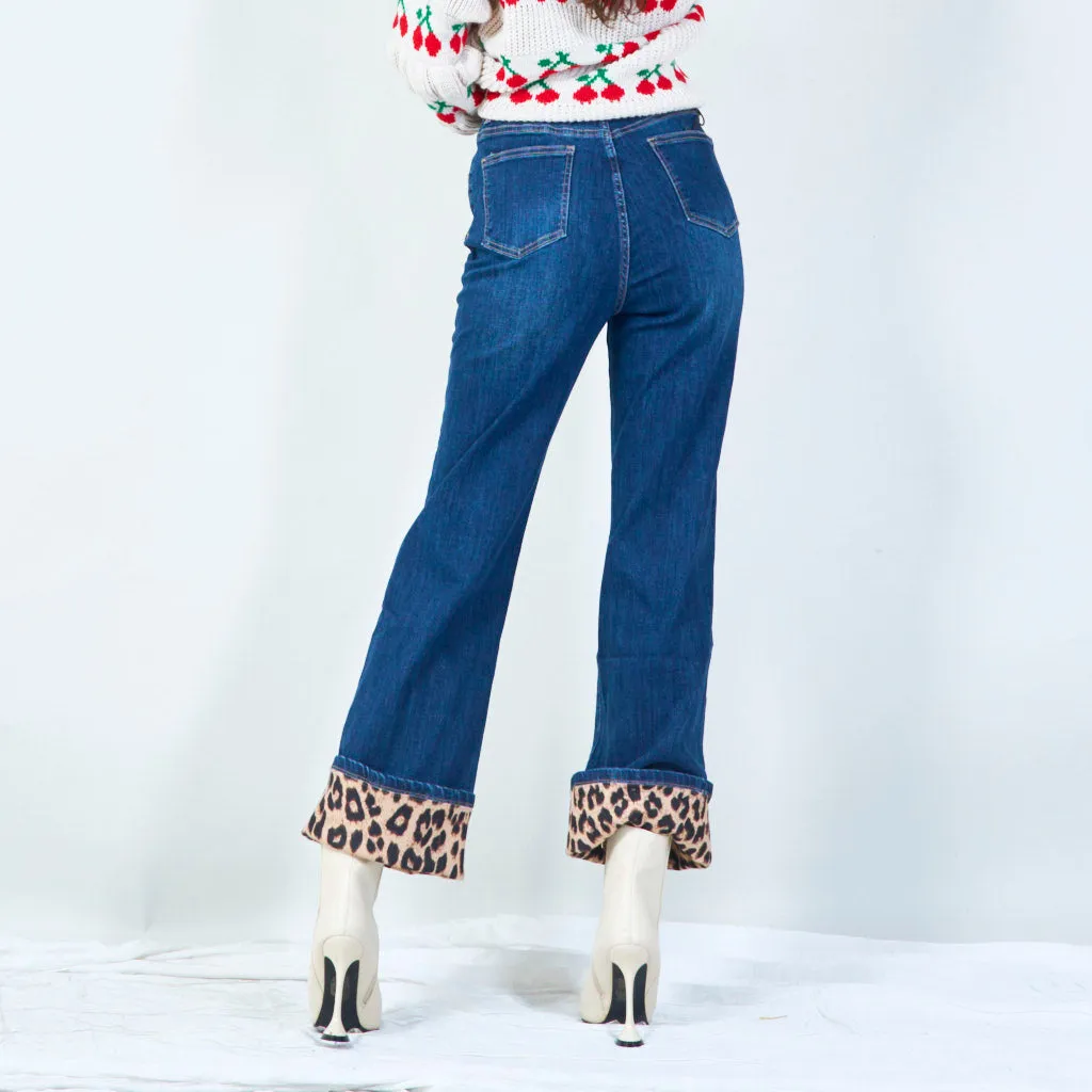 Cuffed leopard-trim denim jeans wholesale