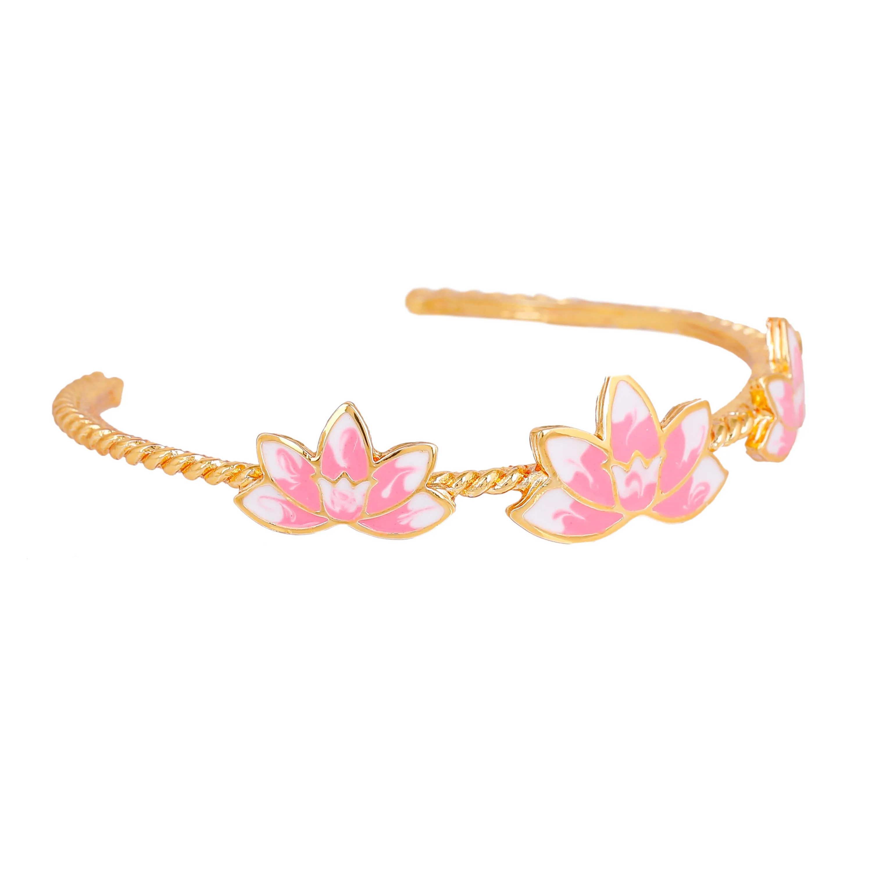 Estele Gold Plated Charming Lotus Designer Cuff Bracelet with Pink Enamel for Girl's & Women