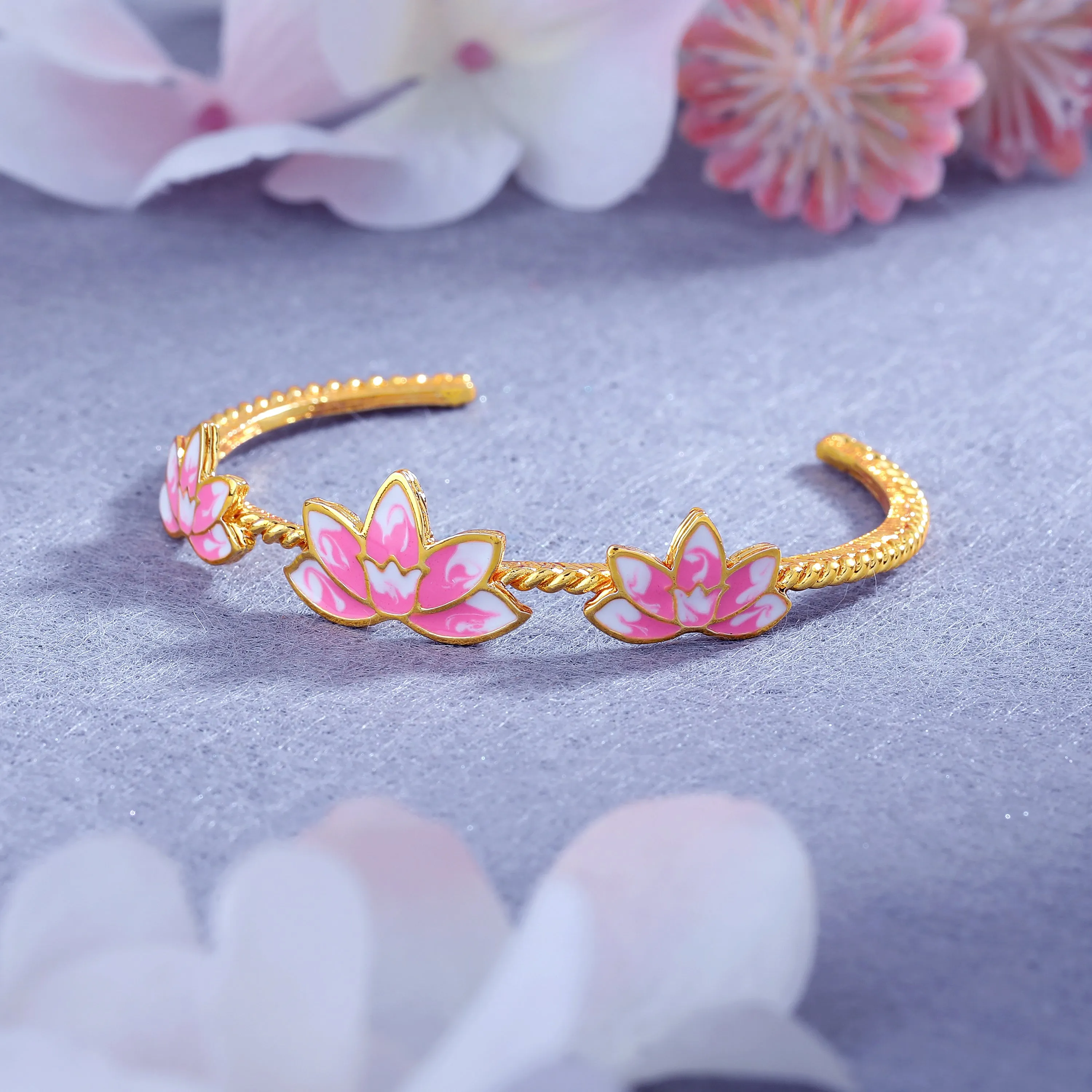 Estele Gold Plated Charming Lotus Designer Cuff Bracelet with Pink Enamel for Girl's & Women