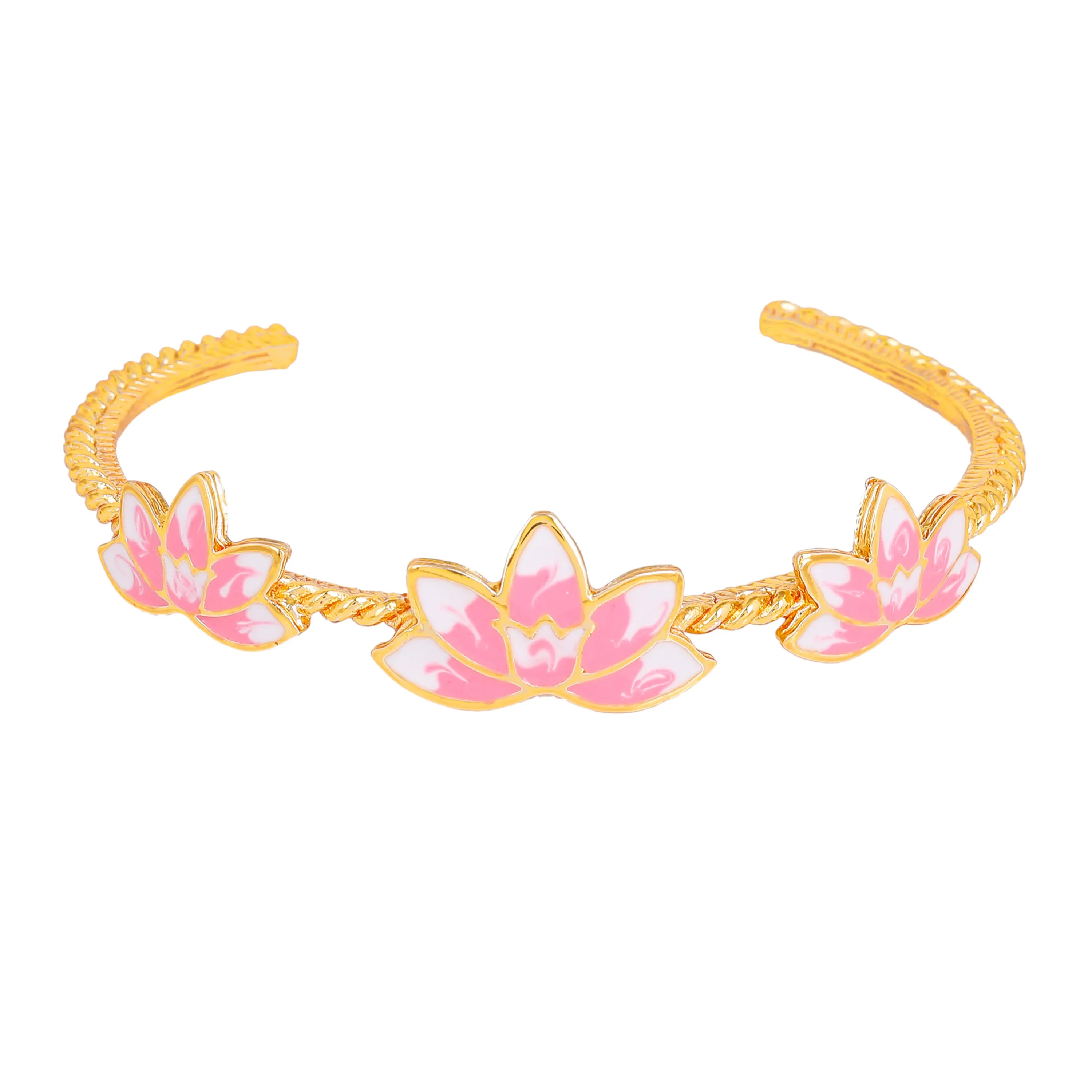 Estele Gold Plated Charming Lotus Designer Cuff Bracelet with Pink Enamel for Girl's & Women