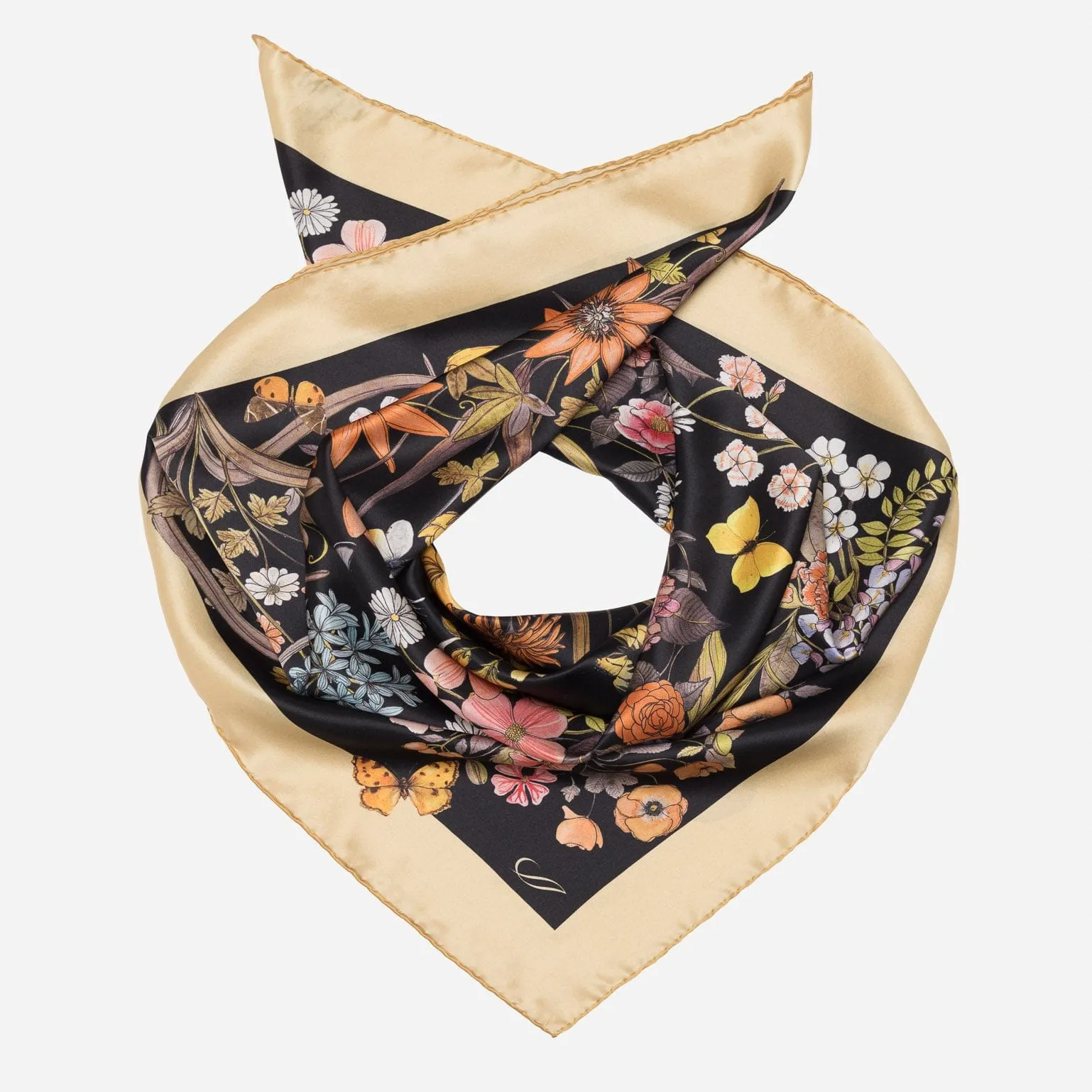 Flora - Hand Rolled Silk Foulard - Black