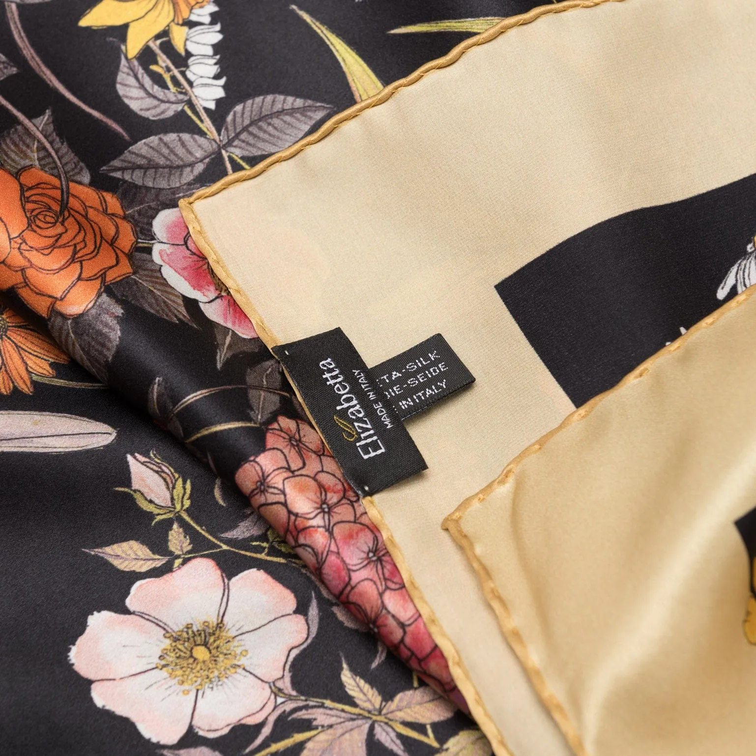 Flora - Hand Rolled Silk Foulard - Black