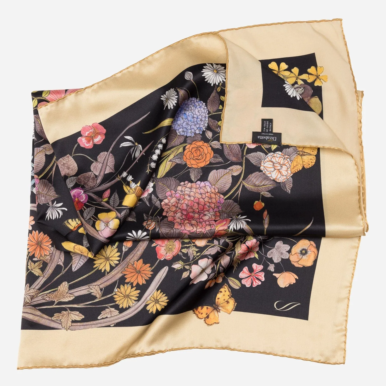 Flora - Hand Rolled Silk Foulard - Black