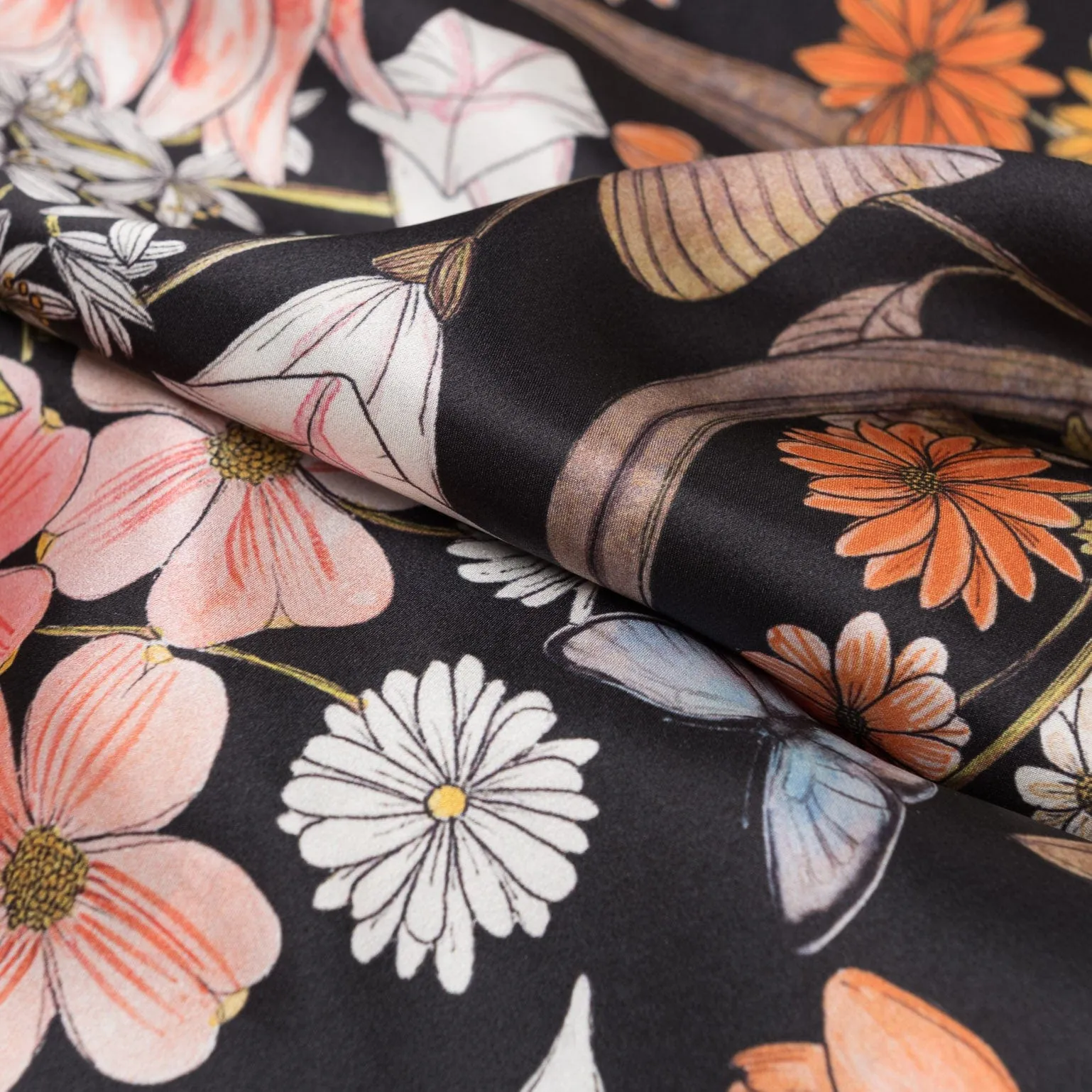 Flora - Hand Rolled Silk Foulard - Black