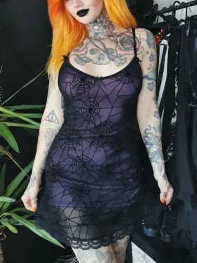 Gothic Lace Stretch Spaghetti Strap Spider Web Print Contrast Lace Cami Grunge Dress