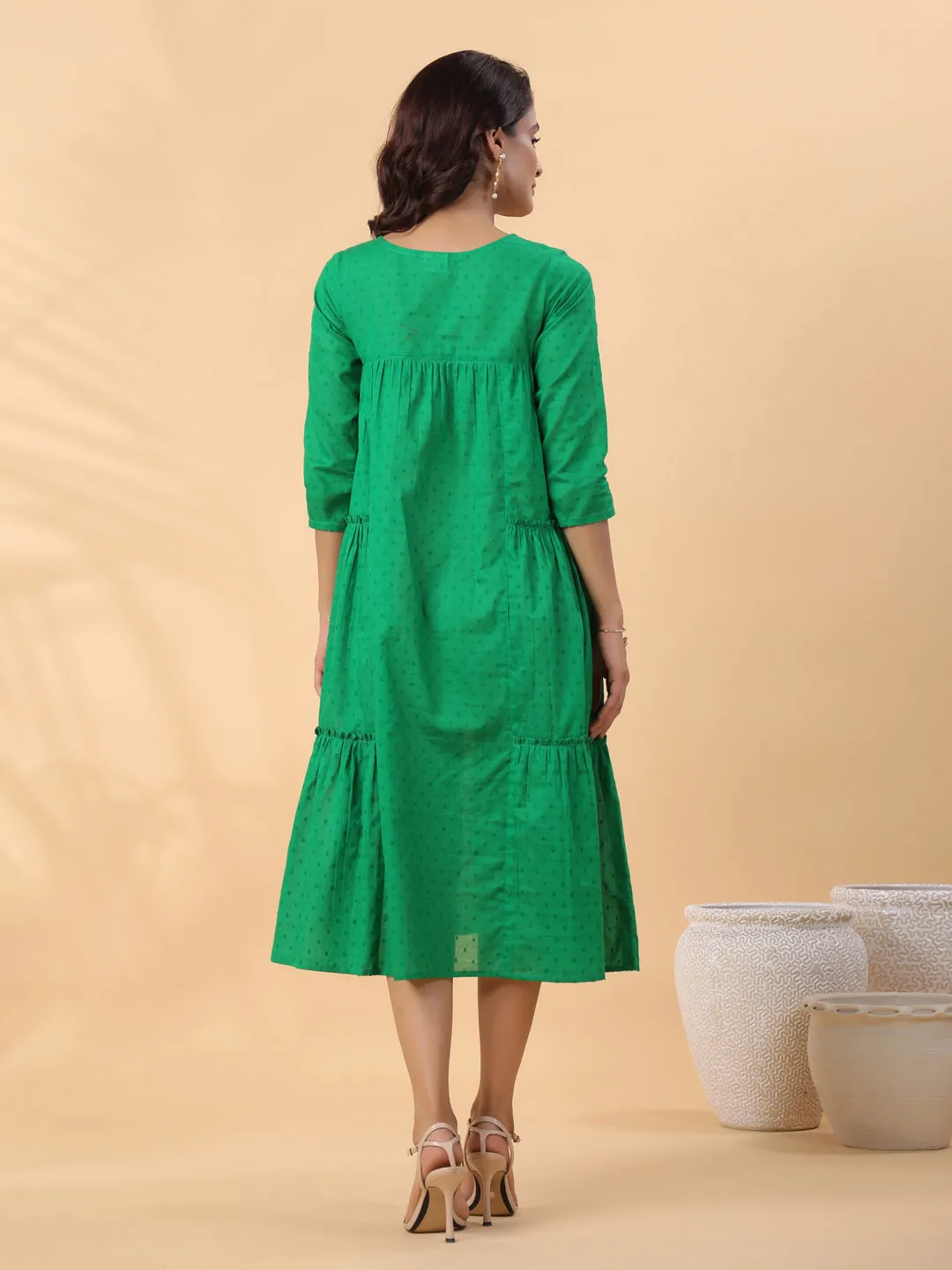 Green Dobby Cotton Embroidered Pleated Dress