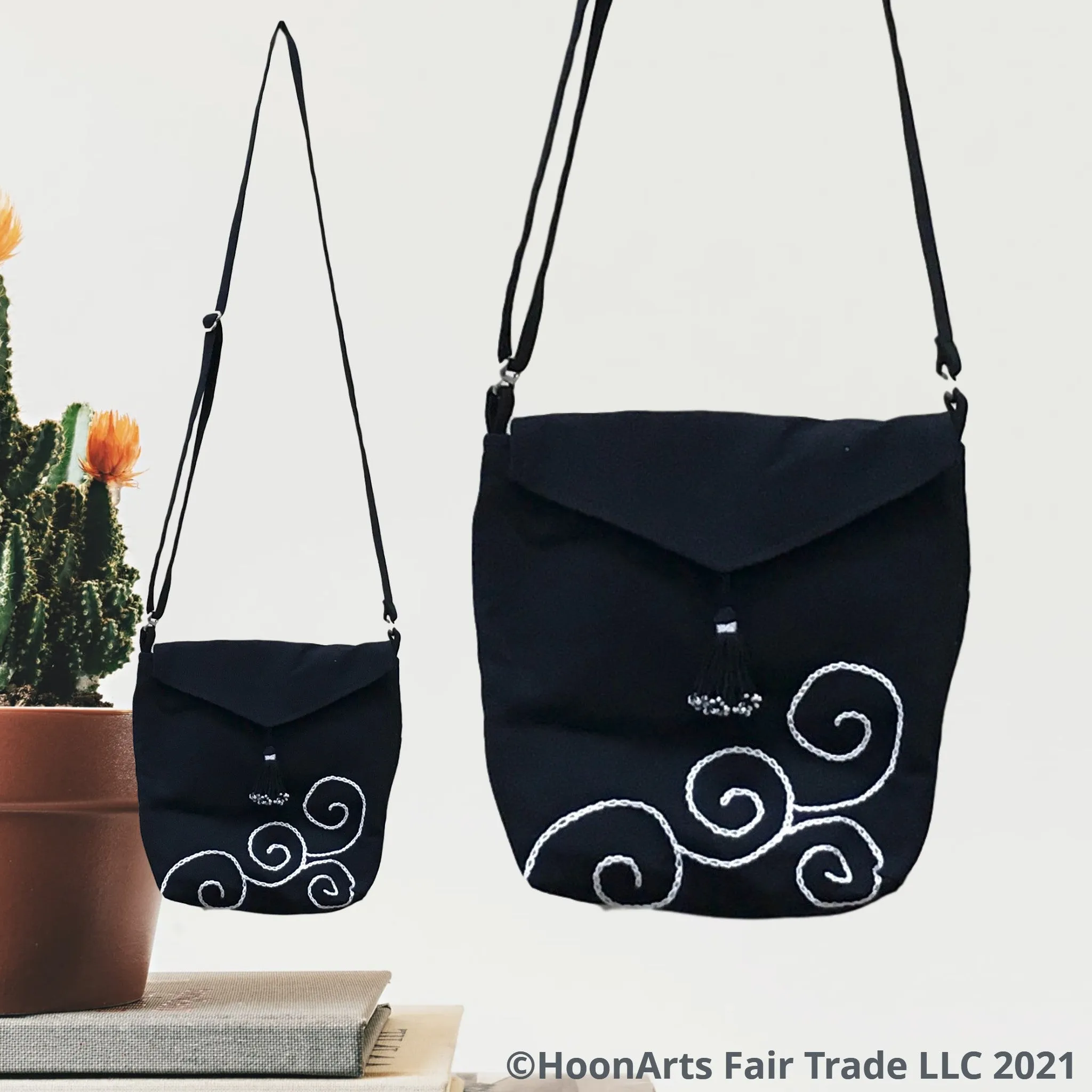 Hand Embroidered Black & White Swirl Cross-Body Shoulder Bag