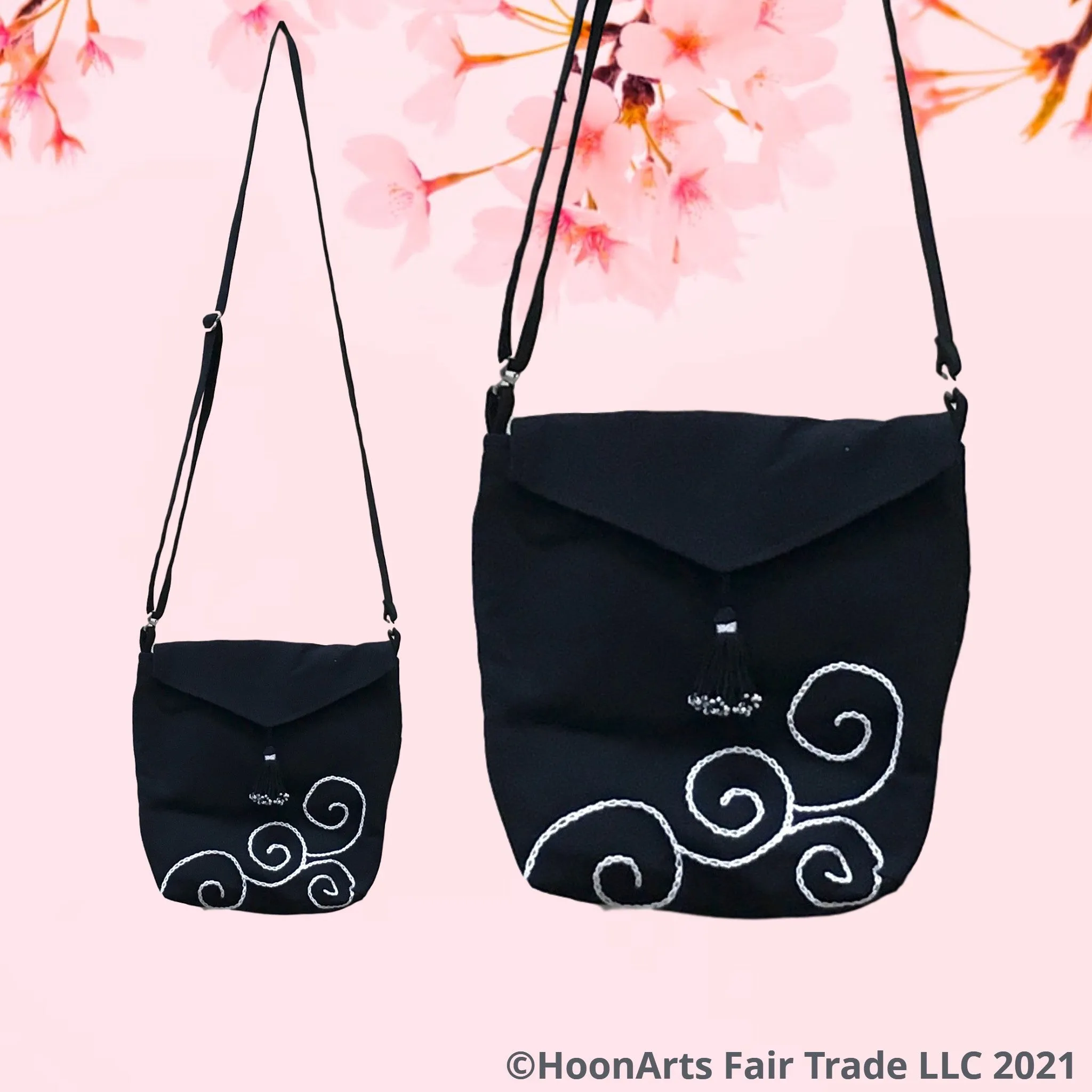 Hand Embroidered Black & White Swirl Cross-Body Shoulder Bag