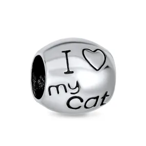 Heart Kitten Pet Words I Love My Cat Charm Bead .925Sterling Silver