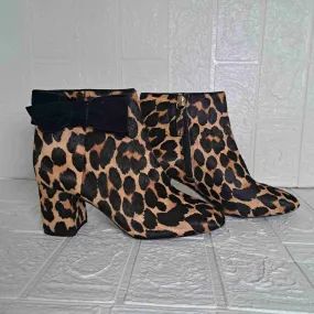 Kate Spade Holly Booties Leopard Ankle Length Block Heel Side Zipper Bow Boots