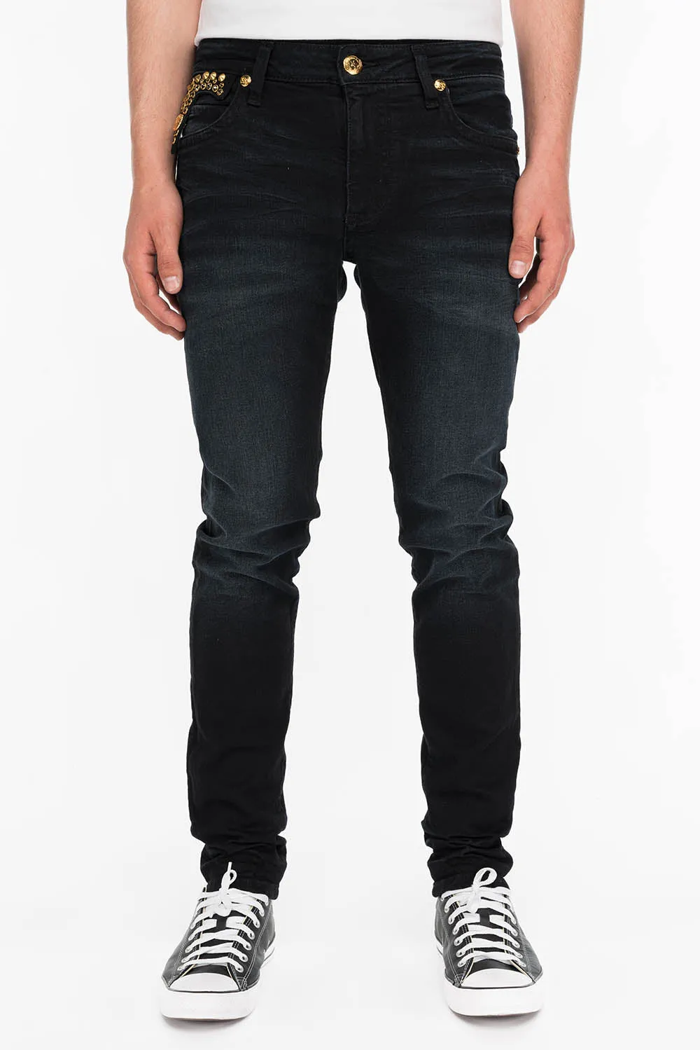 KILLER FLAP MENS SKINNY JEANS IN F_UP WITH CRYSTAL AND SPIKE STUDDING