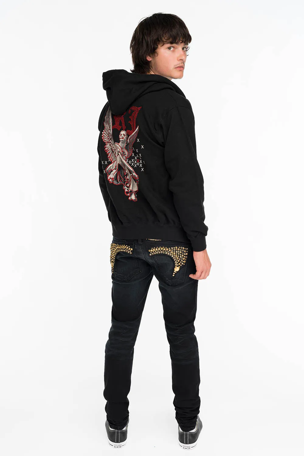 KILLER FLAP MENS SKINNY JEANS IN F_UP WITH CRYSTAL AND SPIKE STUDDING