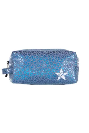 Leopard in Steel Blue Rebel Makeup Bag with White Zipper