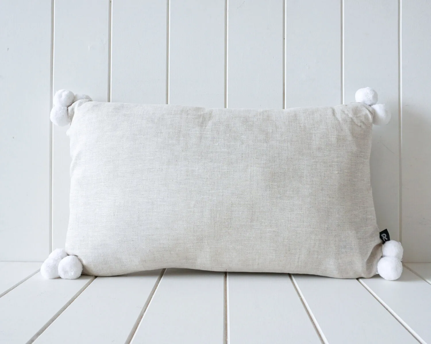 Linen Pom Pom Cushion - Natural and White - 50x30cm