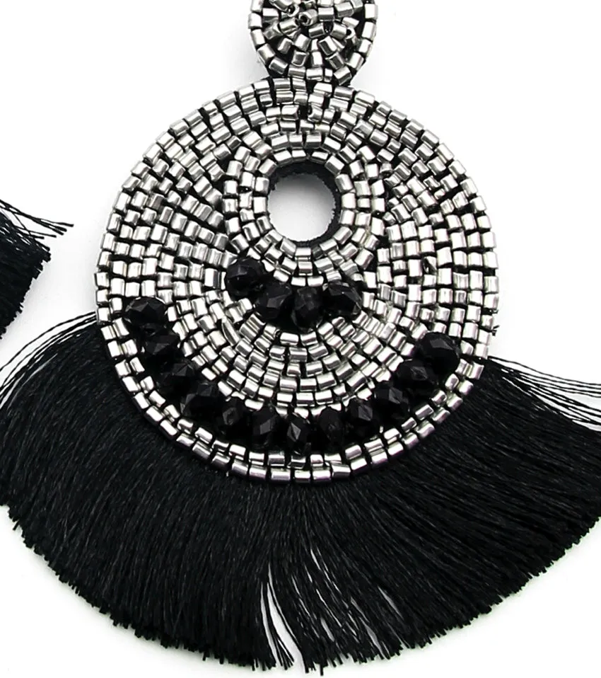 Malika Black/Silver Bead Tassel Statement Earrings