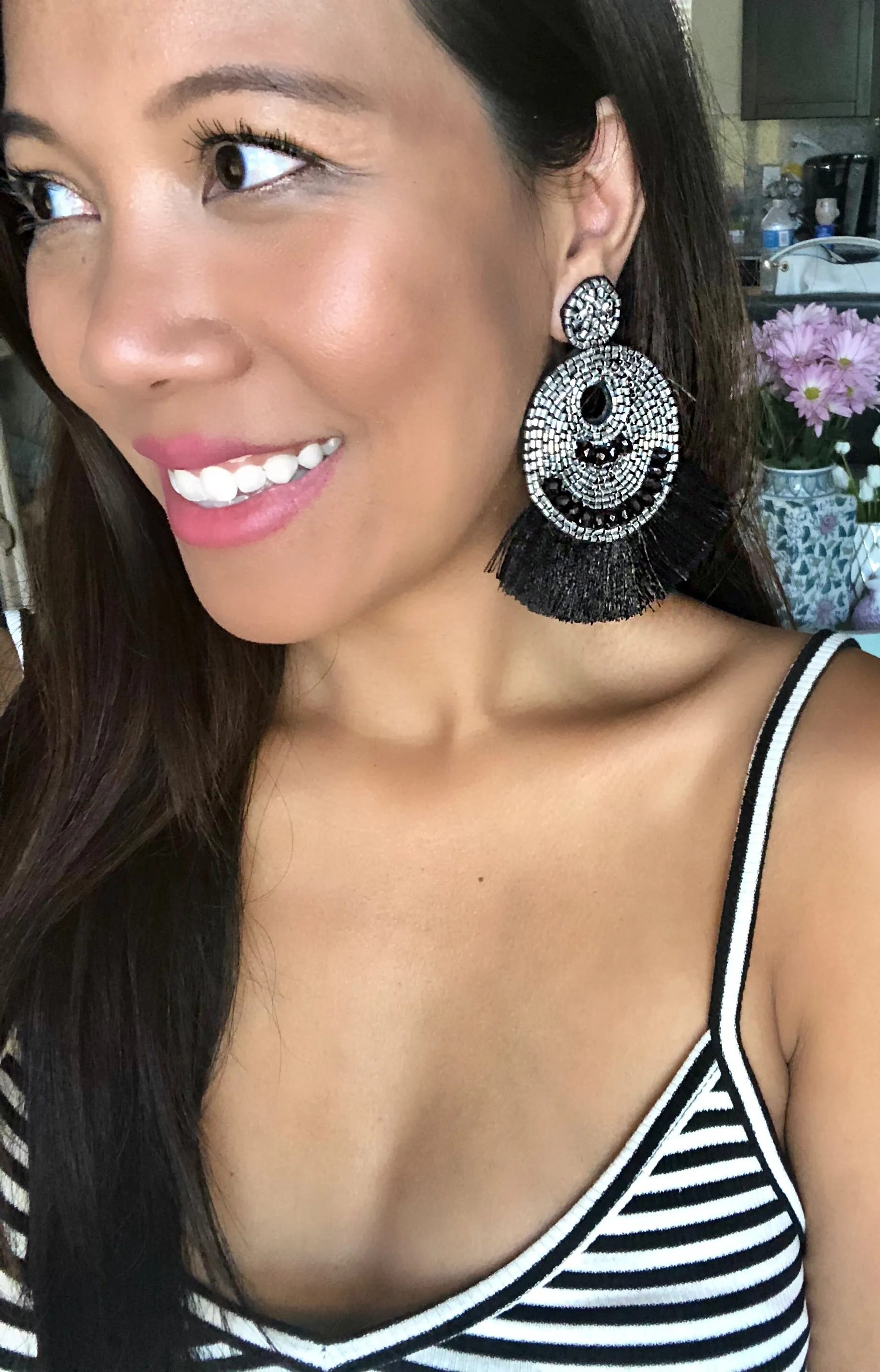 Malika Black/Silver Bead Tassel Statement Earrings