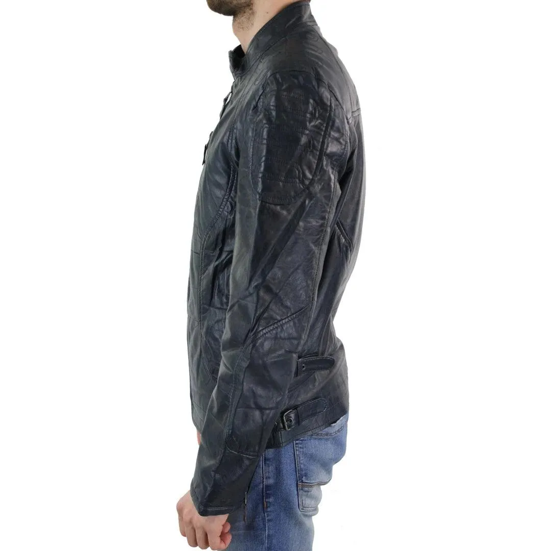 Mens Biker Style Real Leather Blue Black Zipped Jacket Smart Casual Retro Vintage