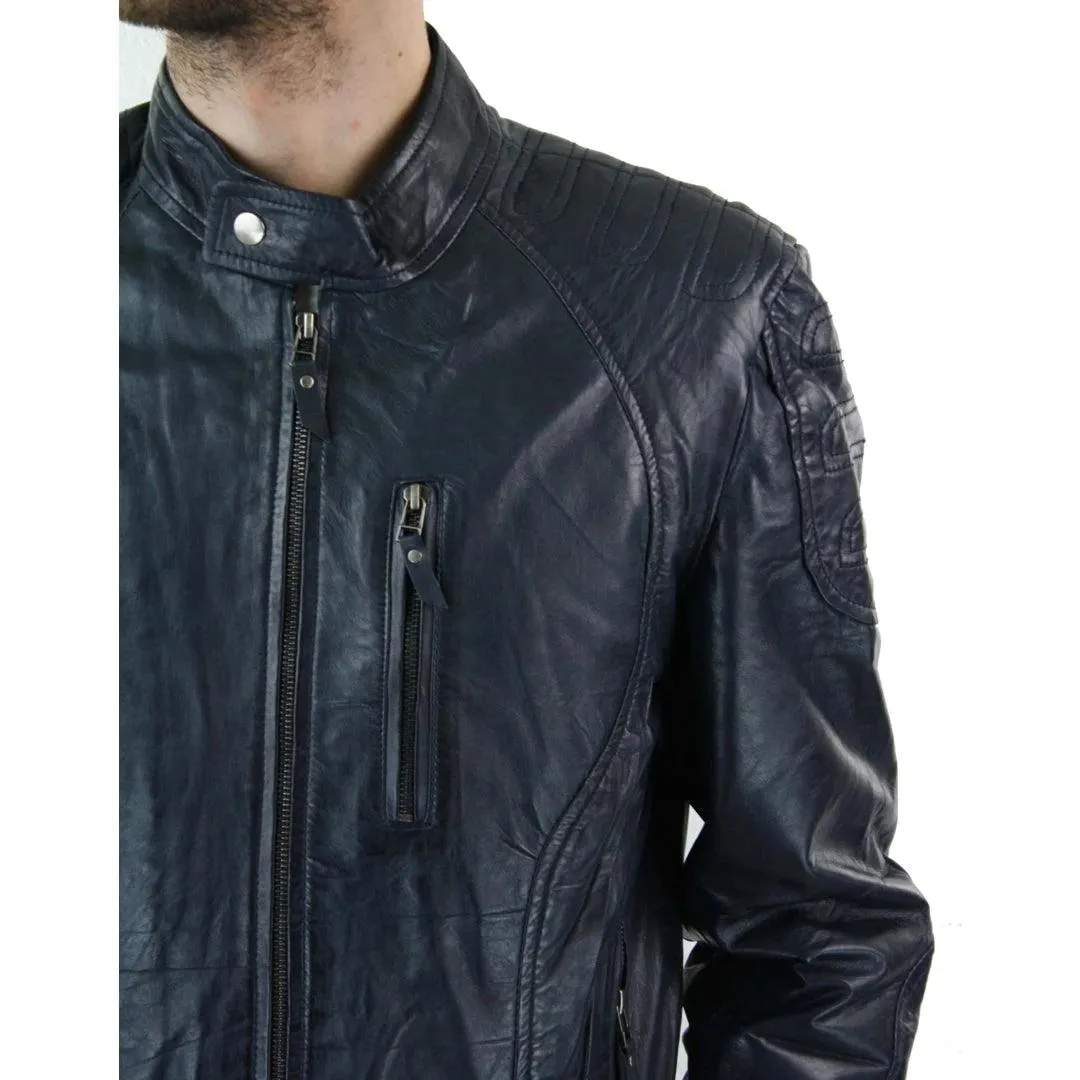 Mens Biker Style Real Leather Blue Black Zipped Jacket Smart Casual Retro Vintage