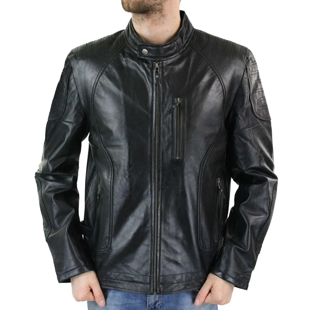 Mens Biker Style Real Leather Blue Black Zipped Jacket Smart Casual Retro Vintage