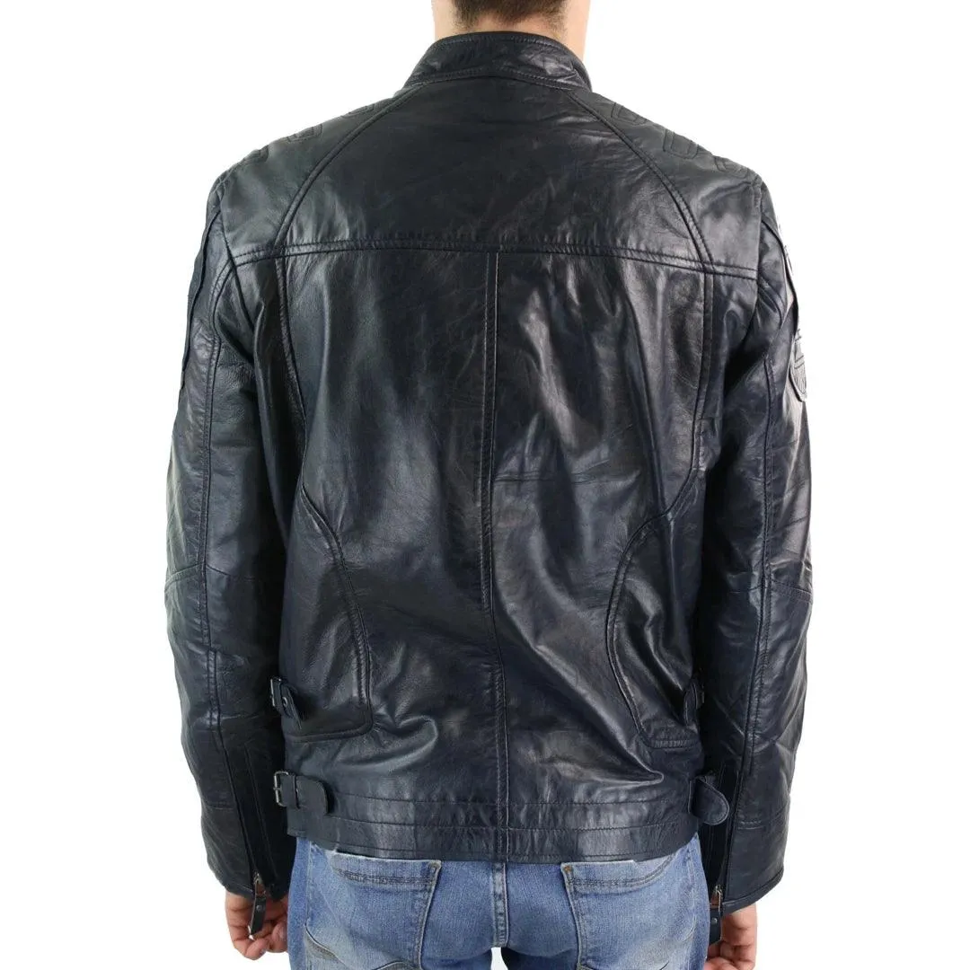 Mens Biker Style Real Leather Blue Black Zipped Jacket Smart Casual Retro Vintage