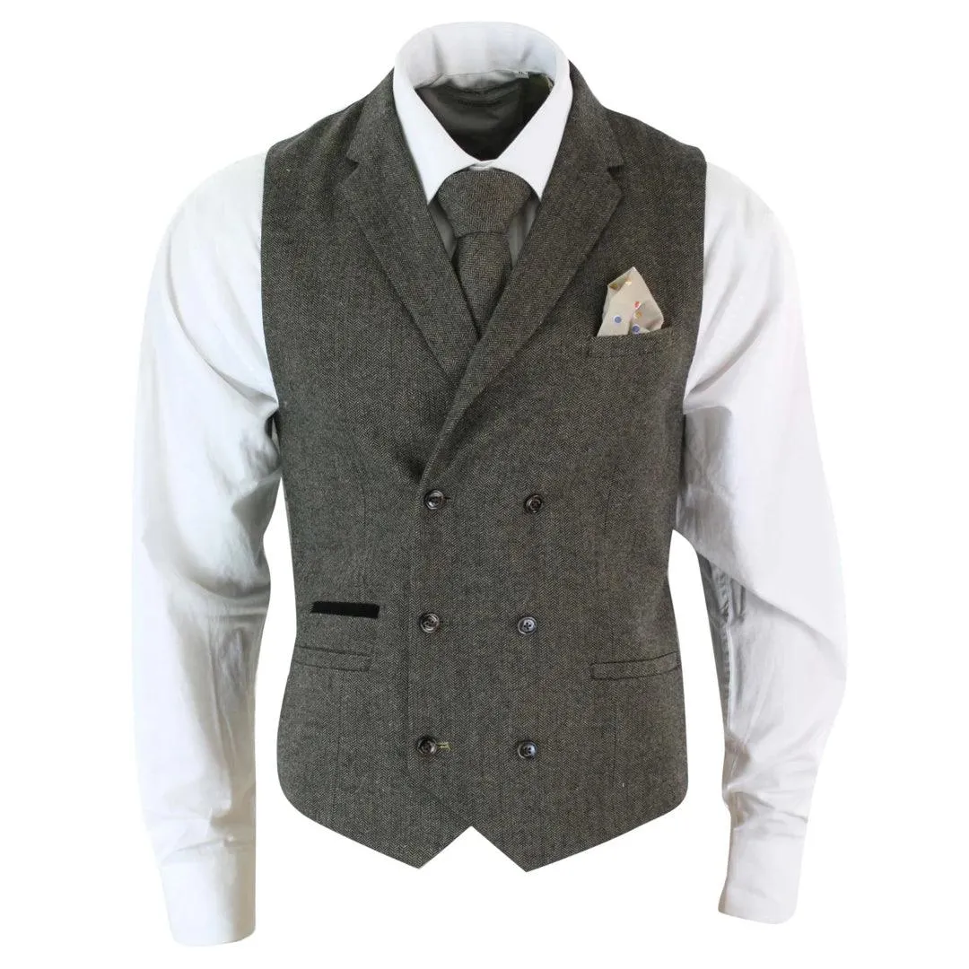 Mens Herringbone Tweed Gatsby Blinders Classic Double Breasted Waistcoat