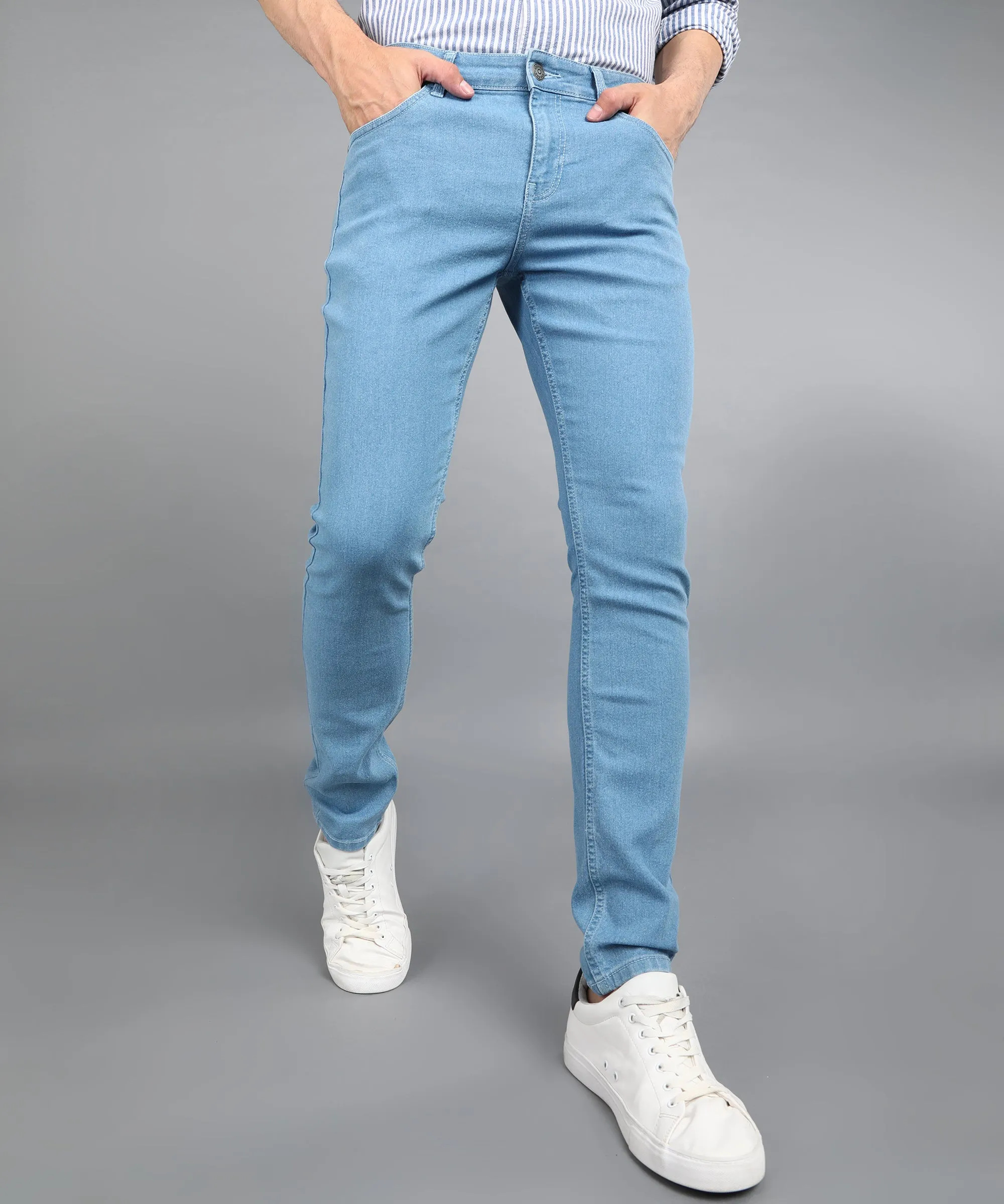 Men's Light Blue Regular Fit Washed Jeans Stretchable