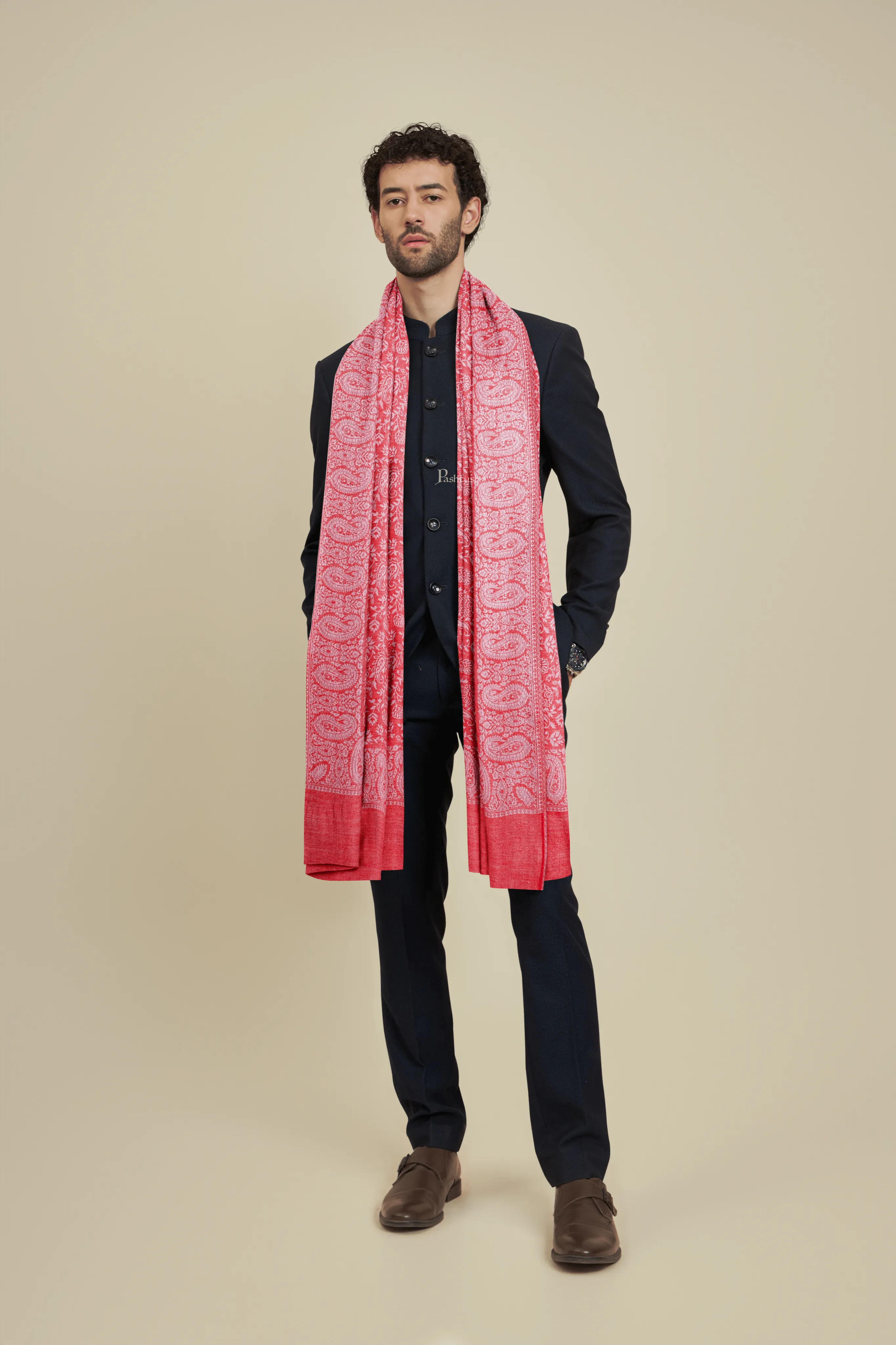 Pashtush Mens Bamboo Stole, Pasiley Weave Design, Red