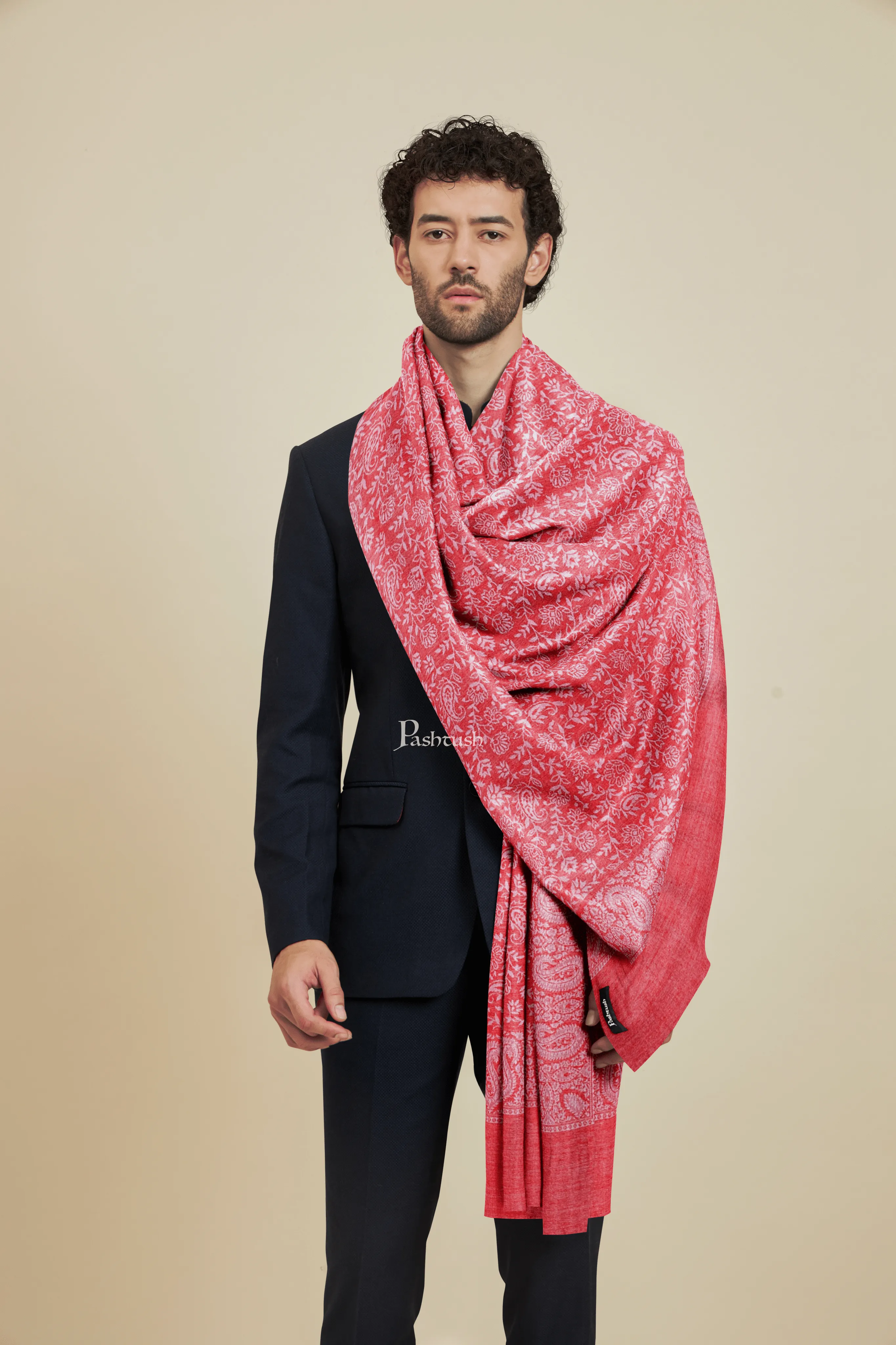 Pashtush Mens Bamboo Stole, Pasiley Weave Design, Red