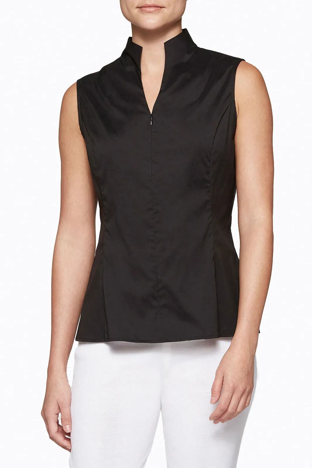 Plus Size Sleeveless Zip-Up Stretch Cotton Shirt, Black