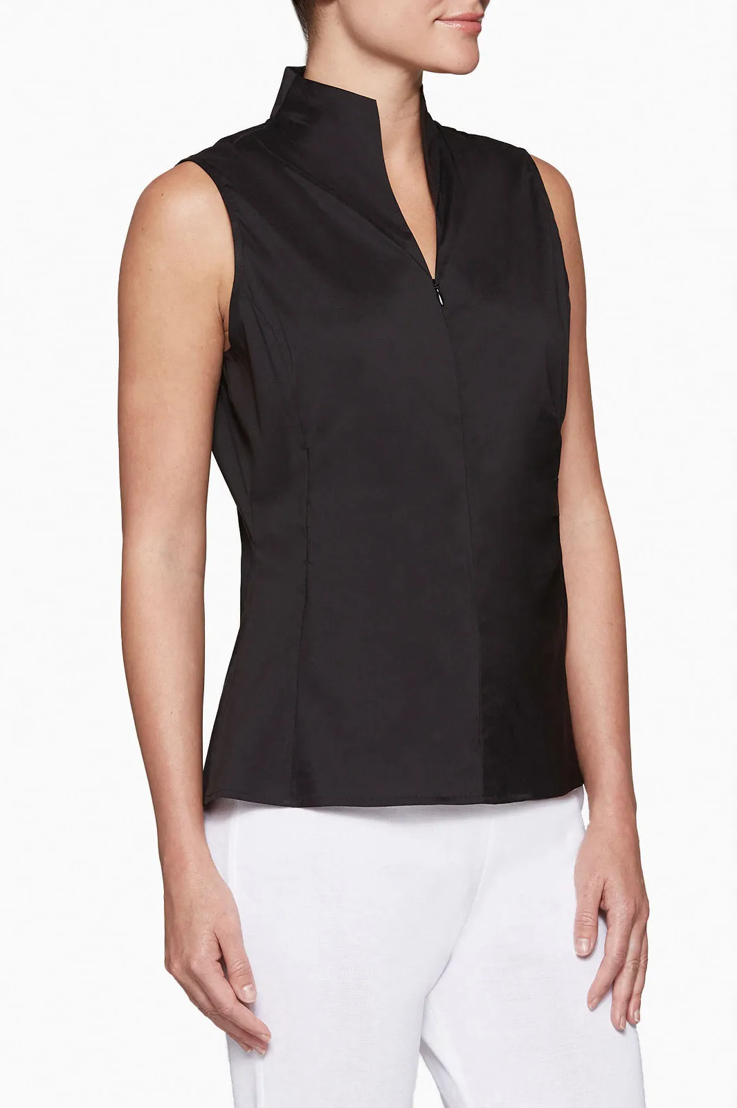 Plus Size Sleeveless Zip-Up Stretch Cotton Shirt, Black