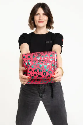 Scamp & Dude x Sam Chapman Hot Pink with Metallic Turquoise Foil Leopard Large Swag Bag