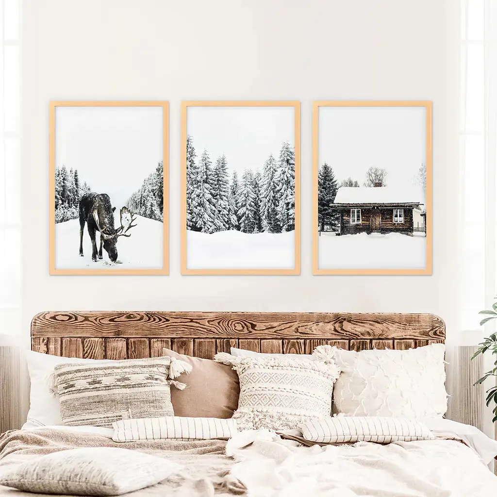 Winter-Themed Triptych with Moose, Log Cabin and Forest