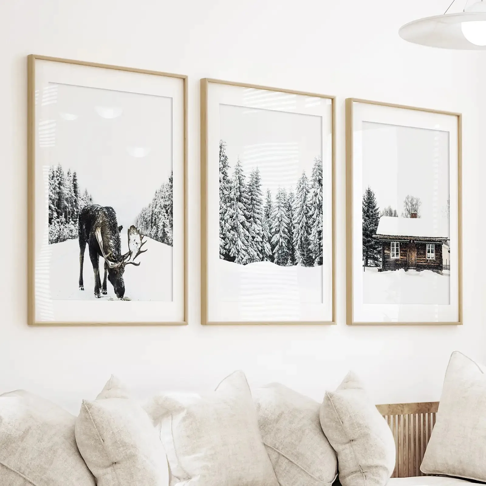 Winter-Themed Triptych with Moose, Log Cabin and Forest