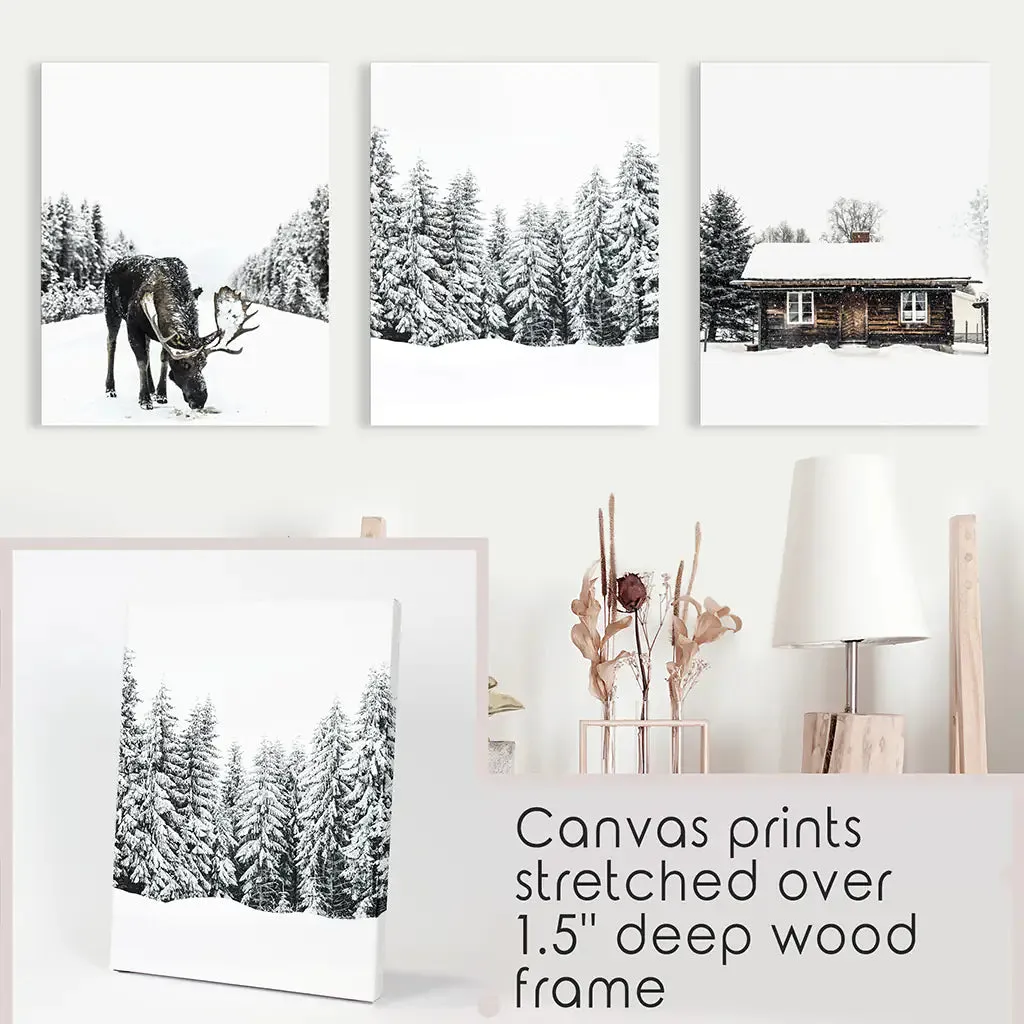 Winter-Themed Triptych with Moose, Log Cabin and Forest